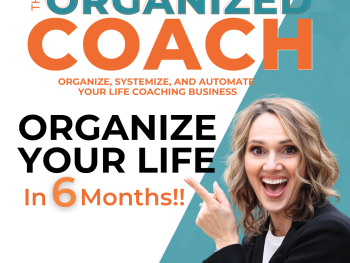 smiling woman in black suit jacket pointing at the text overlay "20240611 Organize Your Life in 6 Months" from The Organized Life Podcast with Tracy Hoth