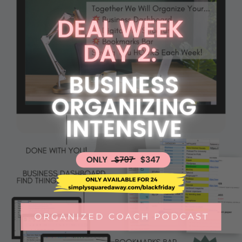 Black Friday ad from The Organized Coach Podcast with text overlay about the program, "Business Organizing Intensive" with Tracy Hoth