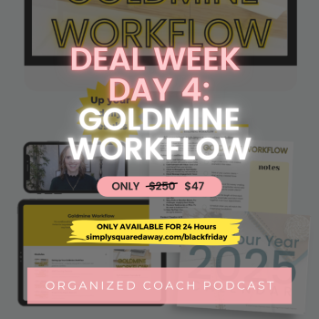 title page for the Organized Coach Podcast black Friday sale with text overlay, "Goldmine Workflow" with Tracy Hoth, your Organized Coach